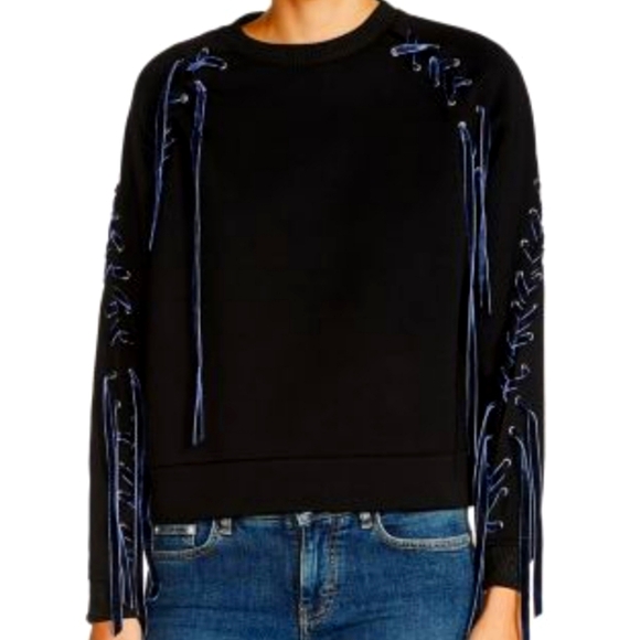Maje Triangle Lace Up Detail Sweatshirt Velvet Ribbon Black - Picture 1 of 5